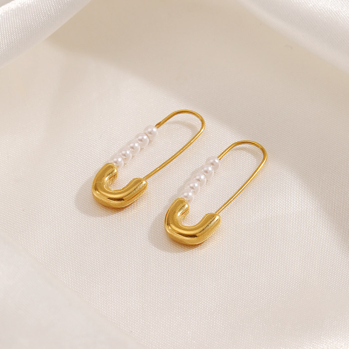 1 paire de trombones de Style Simple, placage de perles, boucles d'oreilles en acier inoxydable plaqué or 18 carats