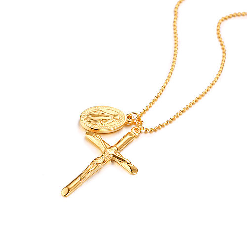 Estilo vintage estilo romano cruz chapeamento de aço inoxidável colar pingente banhado a ouro