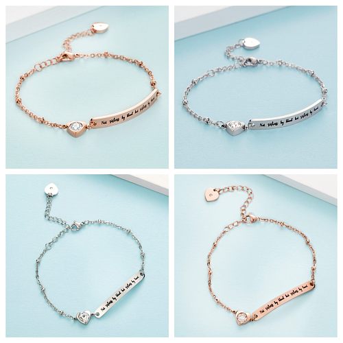 Pulseras chapadas en oro rosa con incrustaciones de revestimiento de pulido de acero inoxidable con forma de corazón y letras de estilo simple