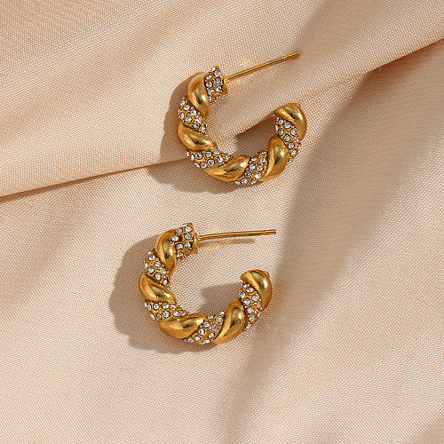 Pendientes de acero inoxidable con rayas en espiral en forma de C a la moda Pendientes de acero inoxidable con circón con incrustaciones