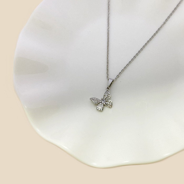 Casual Elegant Simple Style Heart Shape Butterfly Stainless Steel  Epoxy Plating Inlay Rhinestones Zircon White Gold Plated Gold Plated Pendant Necklace