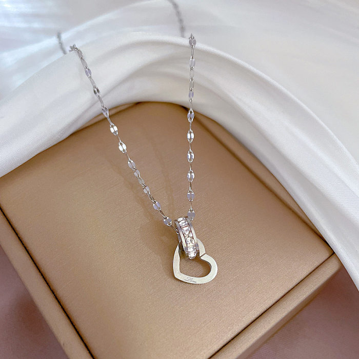 Simple Style Heart Shape Stainless Steel Copper Inlay Zircon Pendant Necklace
