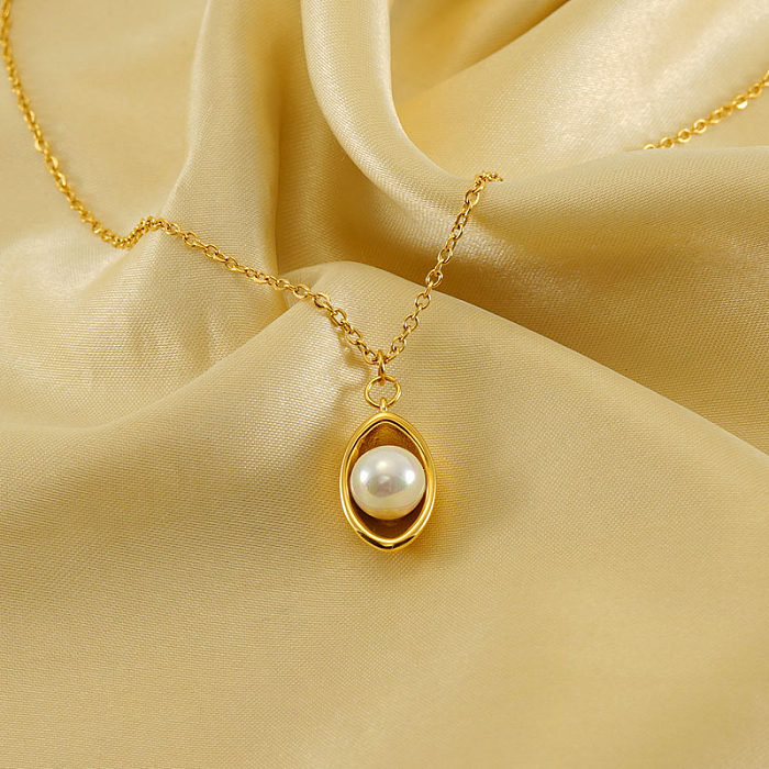 Simple Style Ingot Stainless Steel  Plating Inlay Pearl 18K Gold Plated Pendant Necklace