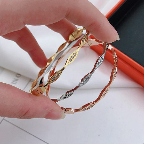 Bracelet rond en titane et acier avec incrustation de strass, style simple