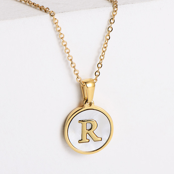 Simple Stainless Steel  26 Letter Shell Medal Necklace Wholesale jewelry