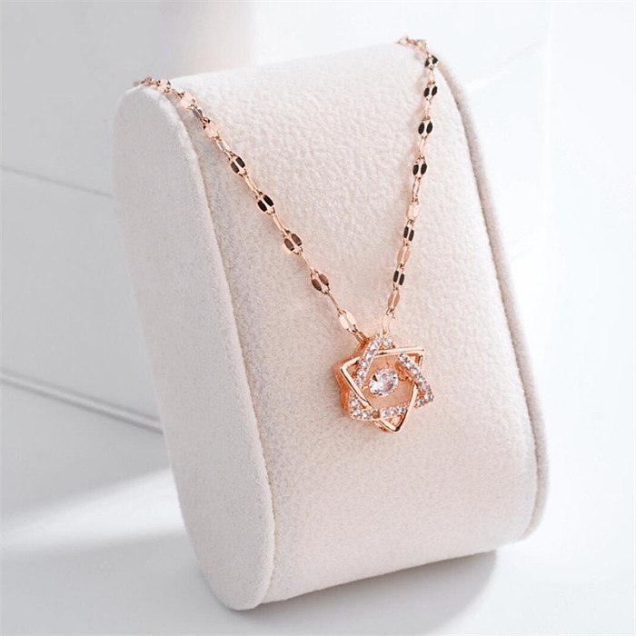 Cute Sweet Little Bear Heart Shape Crown Stainless Steel  Copper Rose Gold Plated Zircon Pendant Necklace In Bulk