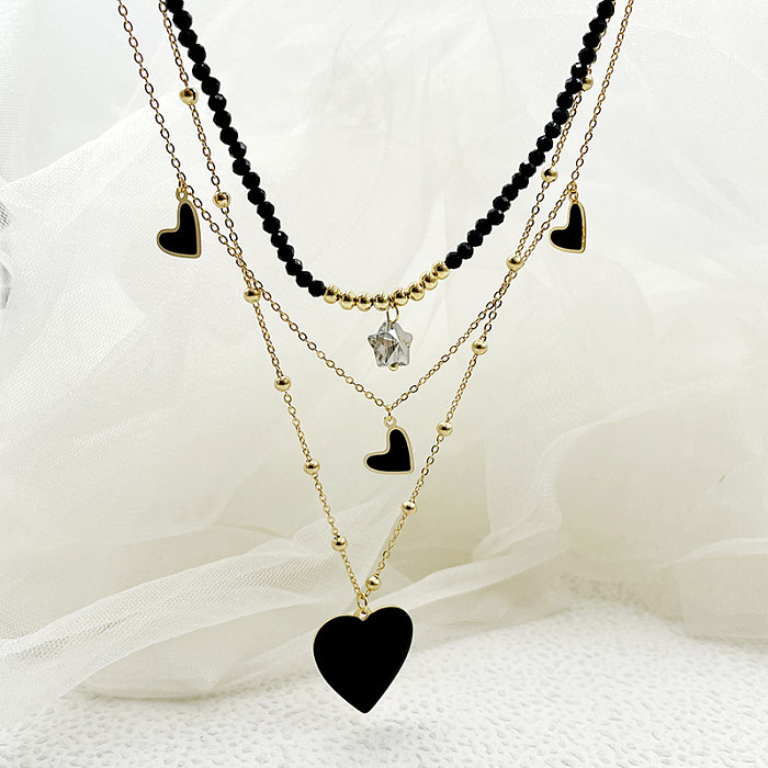 Elegante estilo francês em forma de coração em camadas de aço inoxidável banhado a ouro colar de três camadas