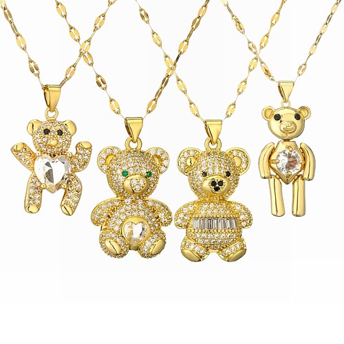 Cartoon Style Cute Little Bear Stainless Steel  Copper Plating Inlay Zircon Gold Plated Pendant Necklace