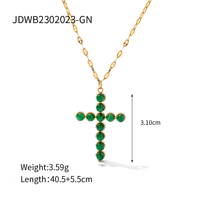Collier pendentif plaqué or 18 carats avec incrustation de pierre de perle en acier inoxydable avec croix de style moderne