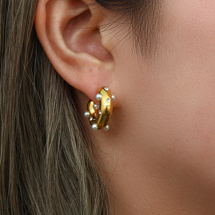 Clous d'oreilles en acier inoxydable en forme de C à la mode, boucles d'oreilles en acier inoxydable avec perles plaquées or