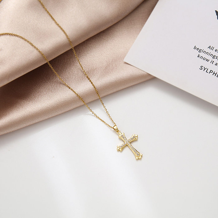 Fashion Cross Stainless Steel  Inlaid Zircon Necklace