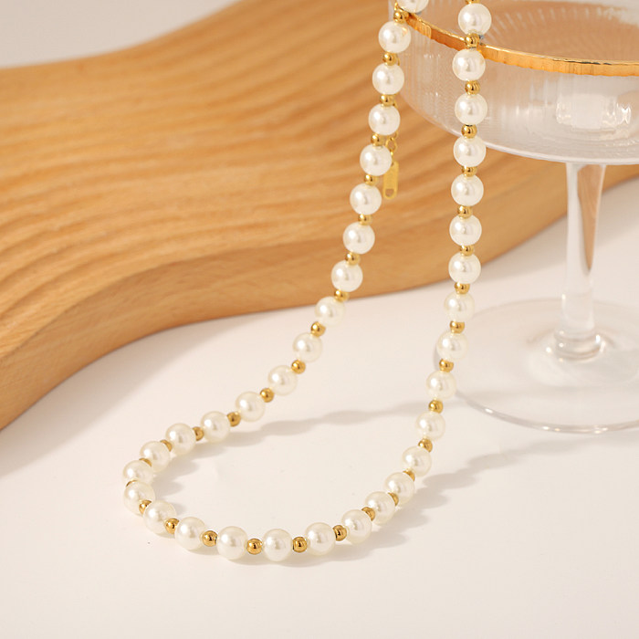Collier en acier inoxydable plaqué or 18 carats avec perles de style baroque et français, style vintage, en vrac