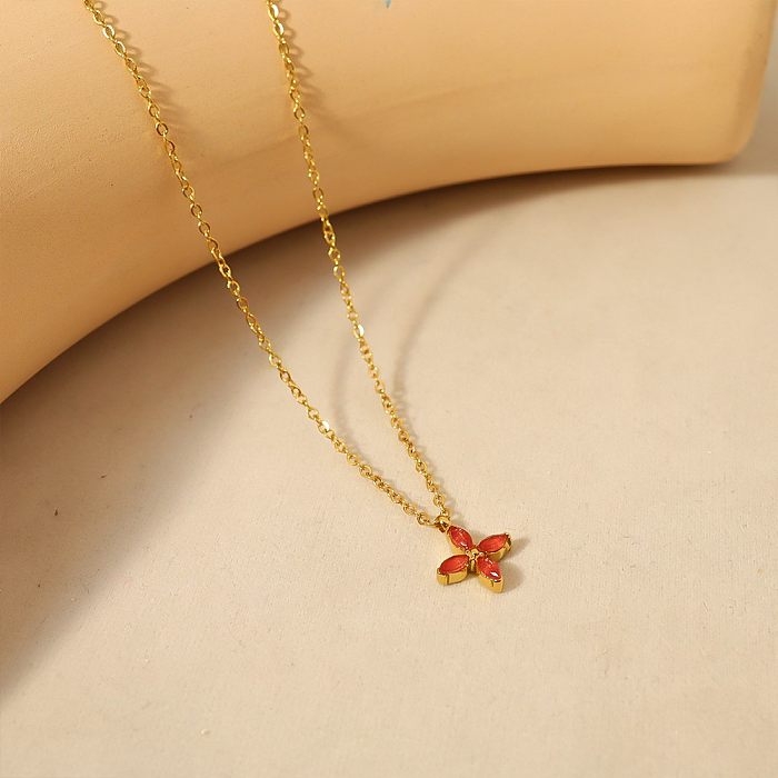 Süße Blumen-Anhänger-Halskette mit Edelstahlbeschichtung und Zirkon-18-Karat-Vergoldung