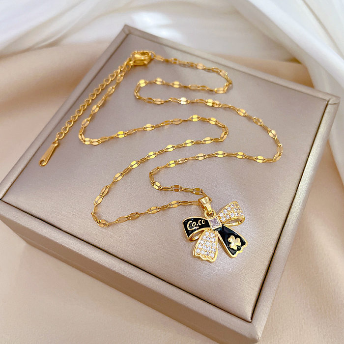 Sweet Letter Bow Knot Stainless Steel Copper Enamel Plating Inlay Zircon Pendant Necklace