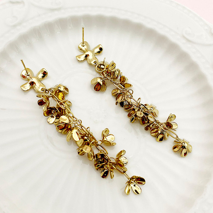 1 par de pendientes colgantes chapados en oro de acero inoxidable chapados en flores estilo vintage