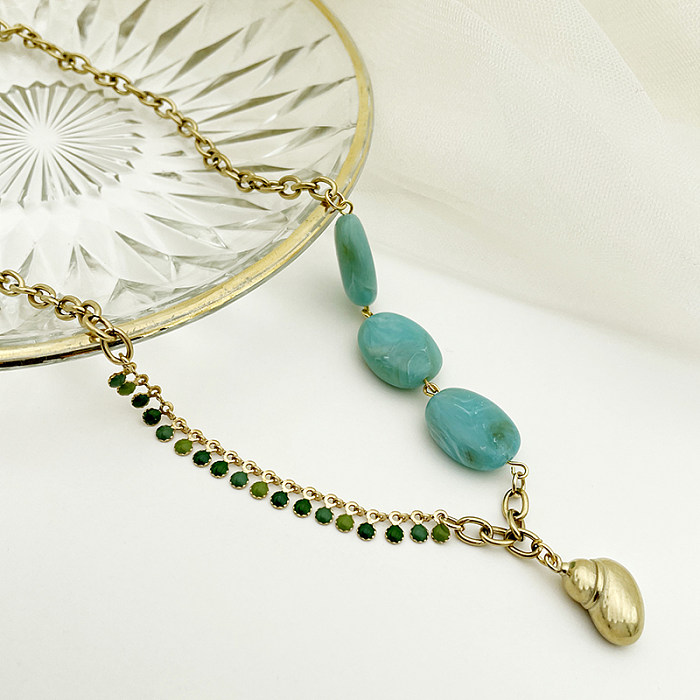 Urlaub Strand Streetwear Oval Conch Edelstahl Naturstein Emaille Beschichtung vergoldet Anhänger Halskette