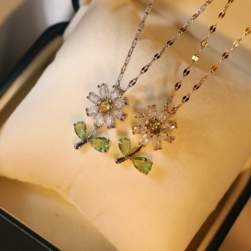 Fashion Flower Stainless Steel Inlay Zircon Pendant Necklace 1 Piece