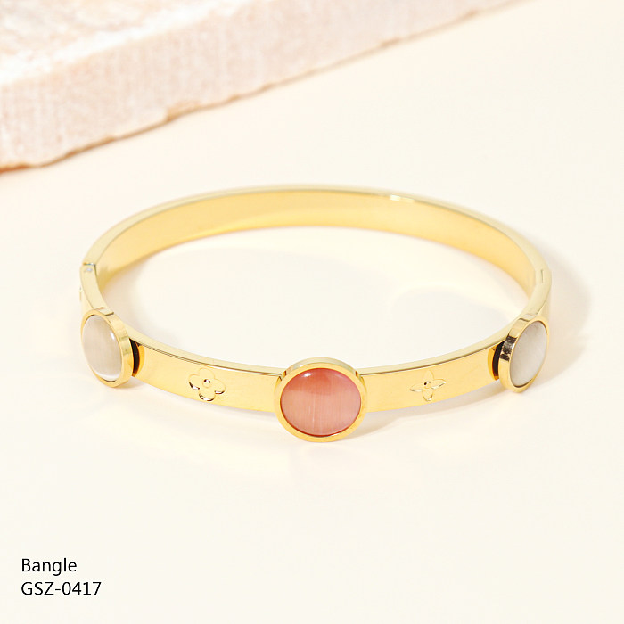 Retro Classic Style Four Leaf Clover Eye Stainless Steel Epoxy Plating Inlay Resin Rhinestones Zircon Rose Gold Plated Gold Plated Silver Plated Bangle