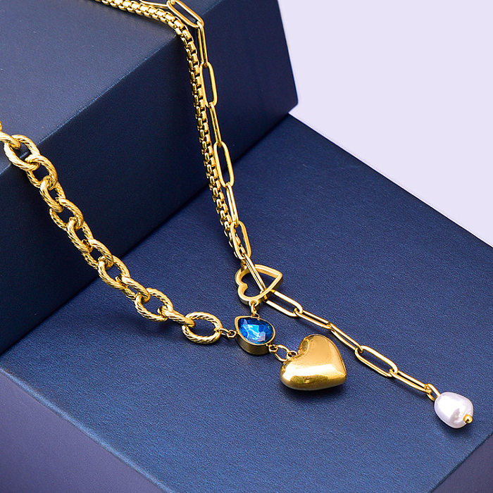 Gotas de água da moda em forma de coração incrustação de aço inoxidável pérolas artificiais colar de zircão
