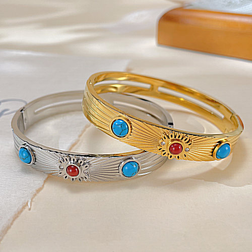 Wholesale French Style Flower Stainless Steel Natural Stone Bangle