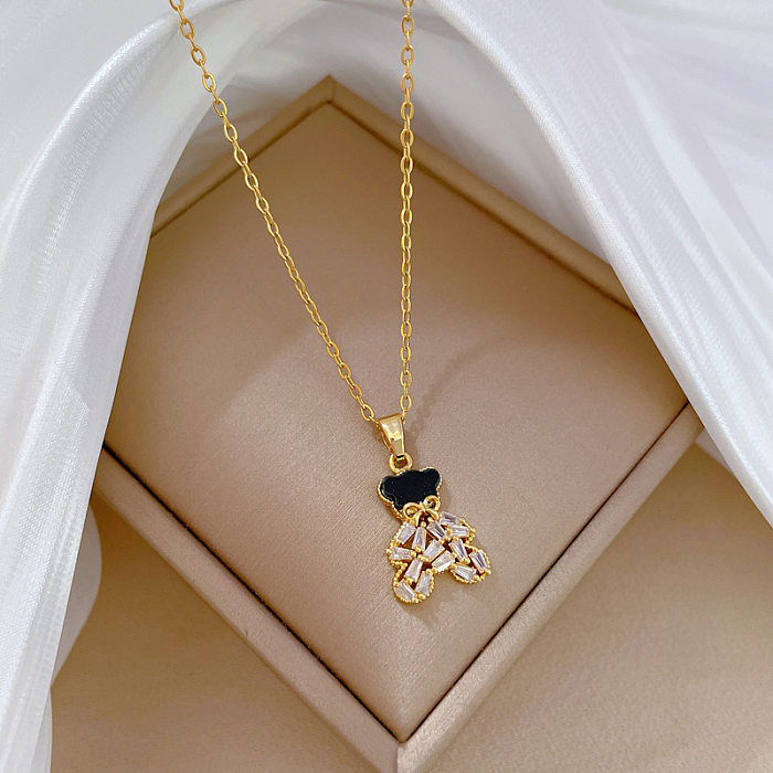 Simple Style Little Bear Stainless Steel  Inlay Artificial Gemstones Gold Plated Pendant Necklace