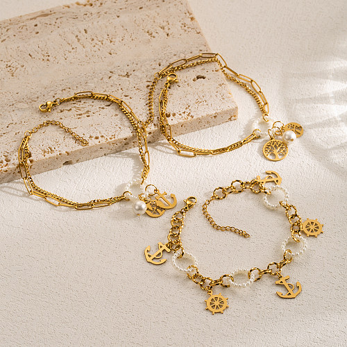 Lässiger, moderner Baum-Seestern-Anker-Armband aus Edelstahl mit Nachahmung von Perlen und vergoldeten Schichten