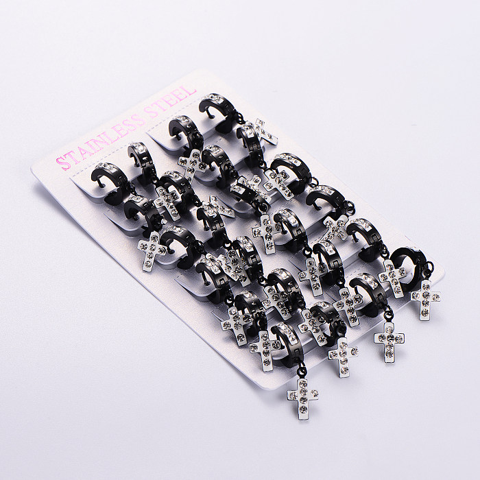 12 Pairs Casual Streetwear Cross Plating Inlay Stainless Steel  Artificial Diamond 18K Gold Plated Drop Earrings