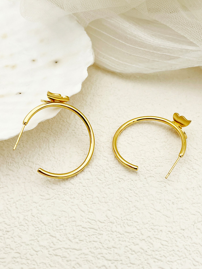 1 Pair Retro Romantic Butterfly Stainless Steel  Plating Butterfly 18K Gold Plated Hoop Earrings