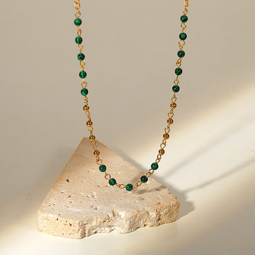 Collar de cuentas de piedra de pavo real verde de acero inoxidable de oro de 18 quilates a la moda para mujer