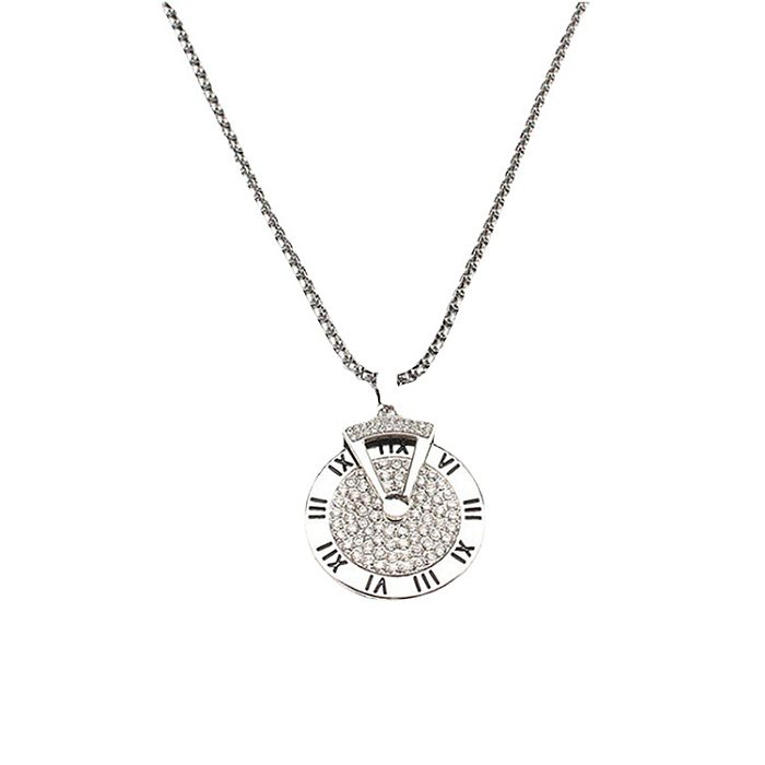 Collar con colgante de diamantes de imitación con incrustaciones de acero inoxidable redondo estilo romano estilo moderno básico cadena para suéter