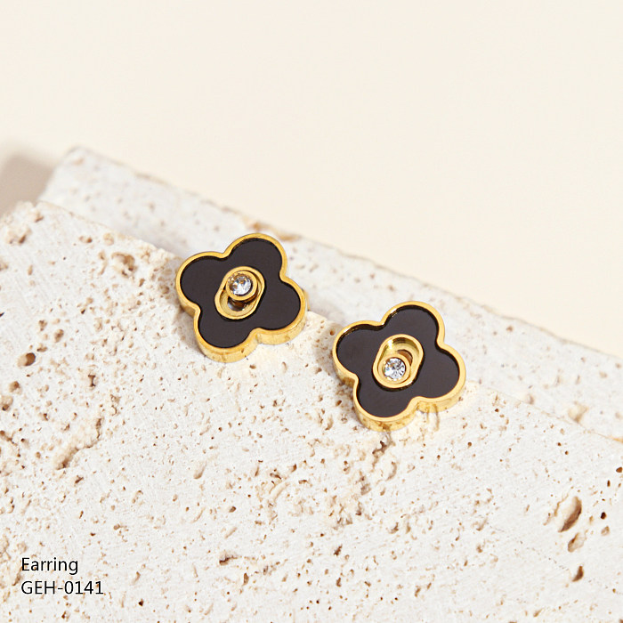 1 par estilo simples trevo de quatro folhas flor incrustação strass de aço inoxidável banhado a ouro rosa brincos de orelha banhados a prata