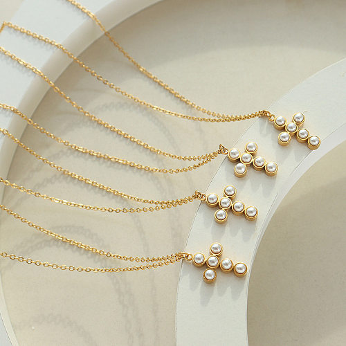 Simple Style Cross Stainless Steel Plating Inlay Artificial Pearls Pendant Necklace