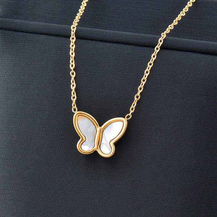 Fashion Butterfly Stainless Steel Inlay Shell Zircon Pendant Necklace 1 Piece