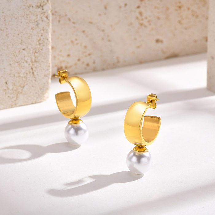 1 par de pendientes chapados en oro de 18 quilates con incrustaciones geométricas de estilo barroco francés y perlas artificiales de acero inoxidable
