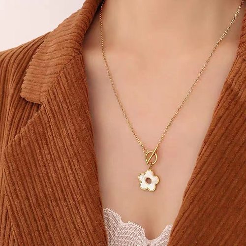 Elegant Sweet Flower Stainless Steel Toggle Plating Inlay Shell Gold Plated Pendant Necklace