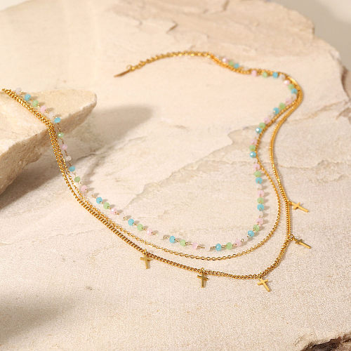 Modische farbige Perlenkette aus Edelstahl mit Kreuz-Quasten-Anhänger, dreilagige Halskette aus 18 Karat vergoldetem Edelstahl