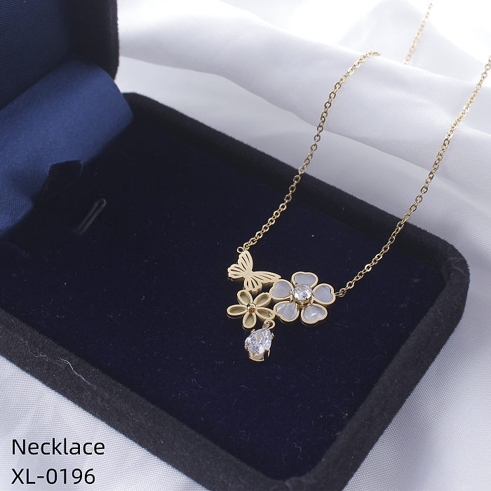 Sweet Flower Butterfly Stainless Steel  Plating Inlay Rhinestones Zircon Gold Plated Necklace