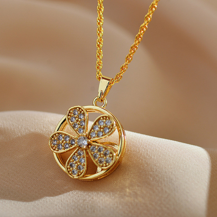 Elegant Simple Style Flower Stainless Steel Copper Plating Hollow Out Inlay Zircon Gold Plated Pendant Necklace