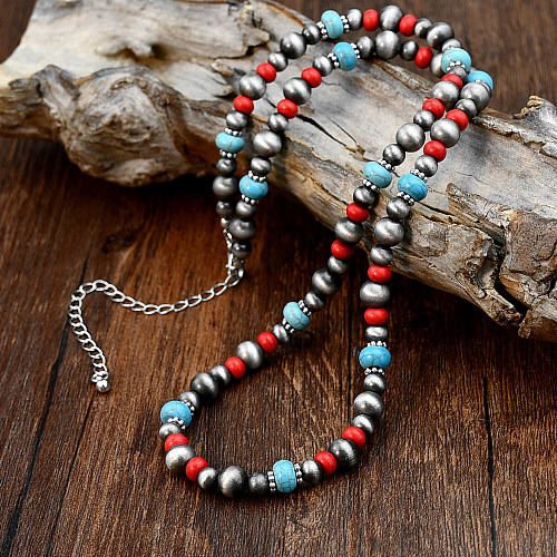 Vintage Style Handmade Ethnic Style Color Block Stainless Steel  Alloy Plastic Beaded Handmade Silver Plated Necklace