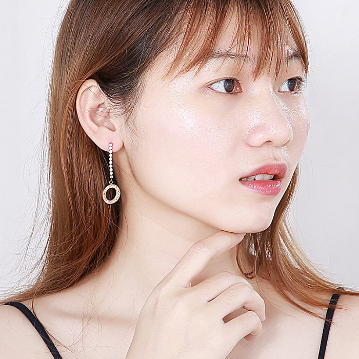 Boucles d'oreilles longues en acier inoxydable avec diamants et cercles creux créatifs pour femmes