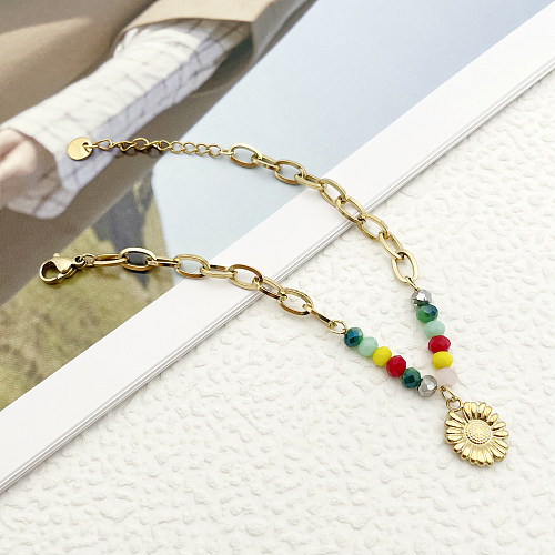 Sweet Simple Style Flower Stainless Steel Artificial Crystal Beaded Patchwork Plating Gold Plated Bracelets