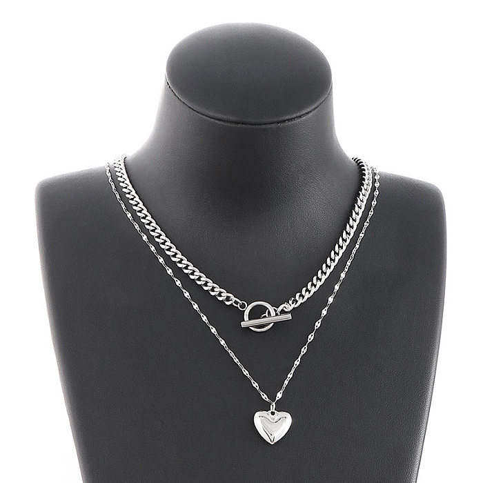 Venta al por mayor de joyería de collar de acero inoxidable de doble capa con cadena gruesa colgante en forma de corazón