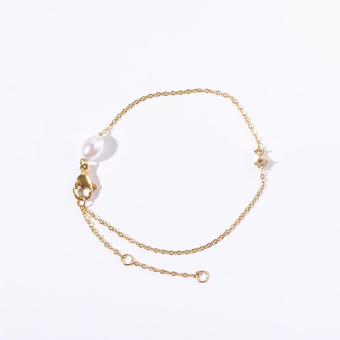 Simple Style Round Titanium Steel Pearl Plating Inlay Zircon 14K Gold Plated Bracelets