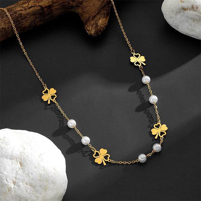 Elegante estilo simples quatro folhas trevo estrela borboleta chapeamento de aço inoxidável oco incrustação colar de pérolas artificiais