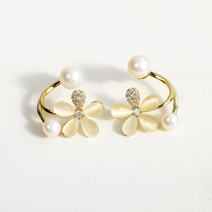 Boucles d'oreilles en Zircon, 1 paire, Style Simple et doux, incrustation de fleurs, perles artificielles en acier inoxydable