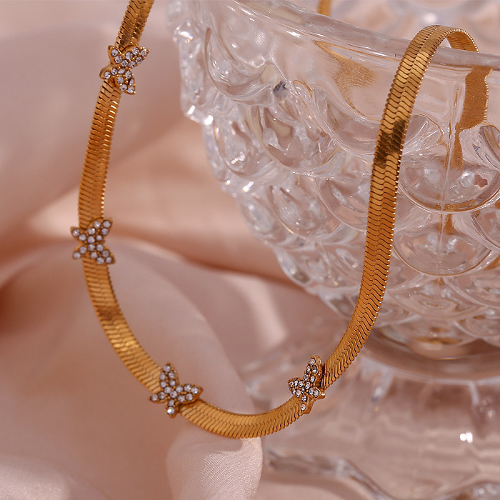 Elegante estilo vintage borboleta chapeamento de aço inoxidável strass colar banhado a ouro 18K