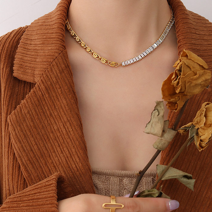 Leichtes Luxus-Zirkon-Spleiß-Halsketten-Armband-Set aus Edelstahl mit 18 Karat echtem Gold überzogener Schmuck