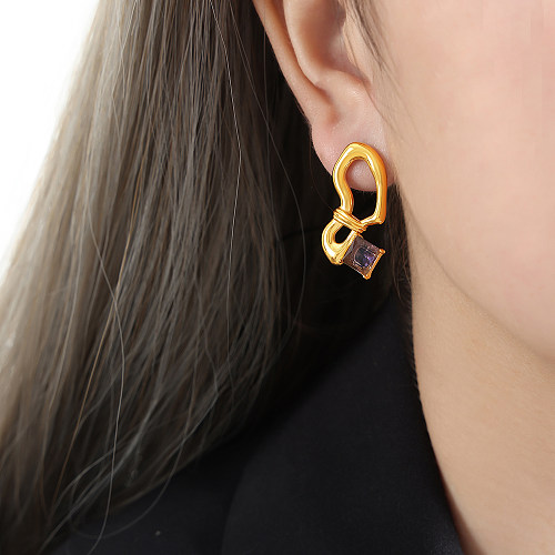 1 Pair Elegant Luxurious Lady Geometric Asymmetrical Plating Inlay Stainless Steel Zircon 18K Gold Plated Drop Earrings