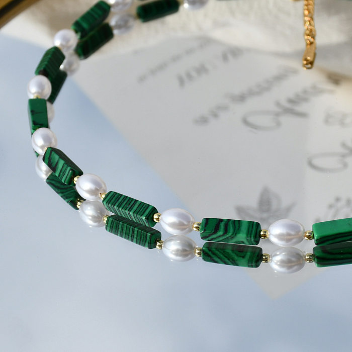 Commute Round Stainless Steel  Imitation Pearl Malachite Beaded Necklace