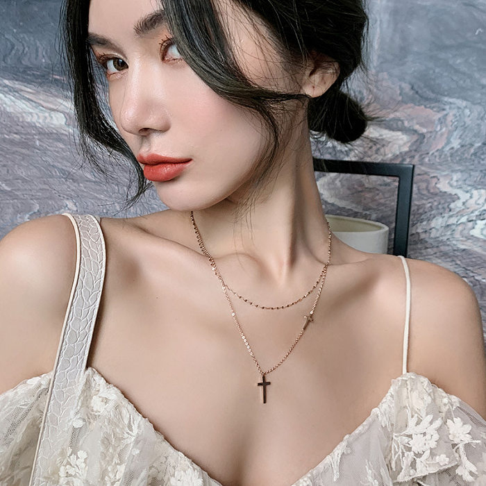 Simple Style Streetwear Cross Stainless Steel Plating 18K Gold Plated Double Layer Necklaces
